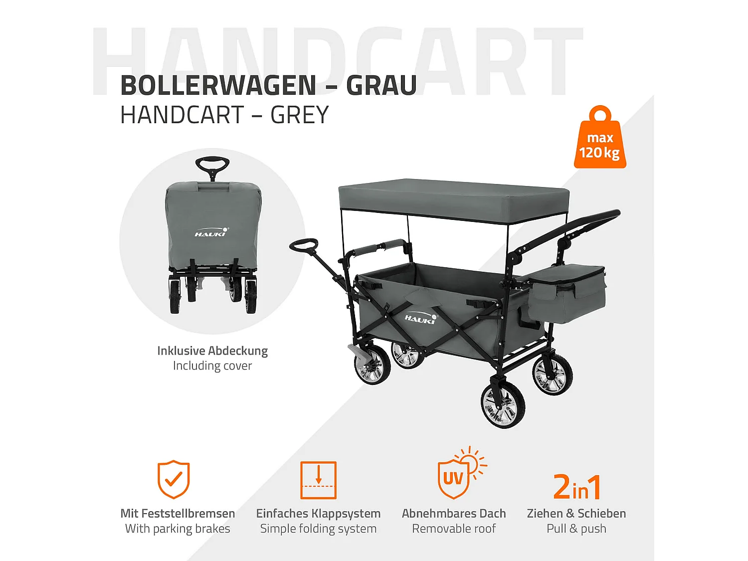 Hauki Carrello pieghevole da spiaggia per bambini carretto a mano per trasporto bimbi con tettuccio e borsa freno ruote anteriori grigio  120 kg
