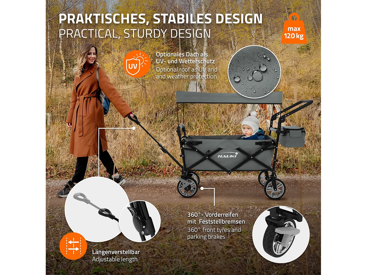 Hauki Carrello pieghevole da spiaggia per bambini carretto a mano per trasporto bimbi con tettuccio e borsa freno ruote anteriori grigio  120 kg