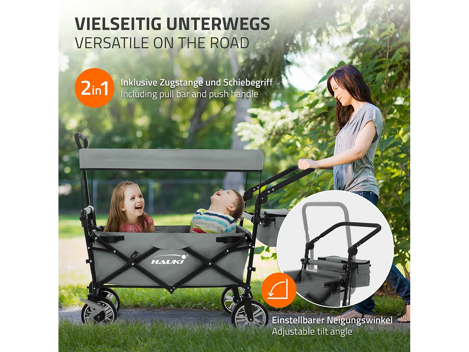 Hauki Carrello pieghevole da spiaggia per bambini carretto a mano per trasporto bimbi con tettuccio e borsa freno ruote anteriori grigio  120 kg