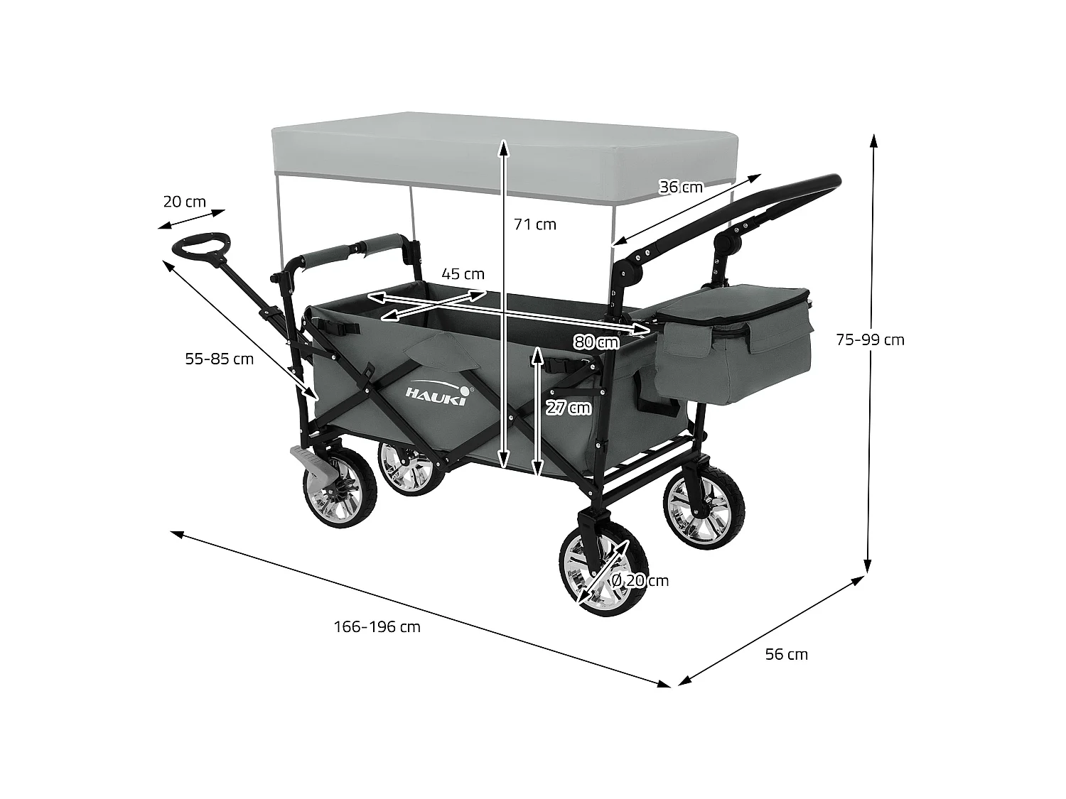 Hauki Carrello pieghevole da spiaggia per bambini carretto a mano per trasporto bimbi con tettuccio e borsa freno ruote anteriori grigio  120 kg