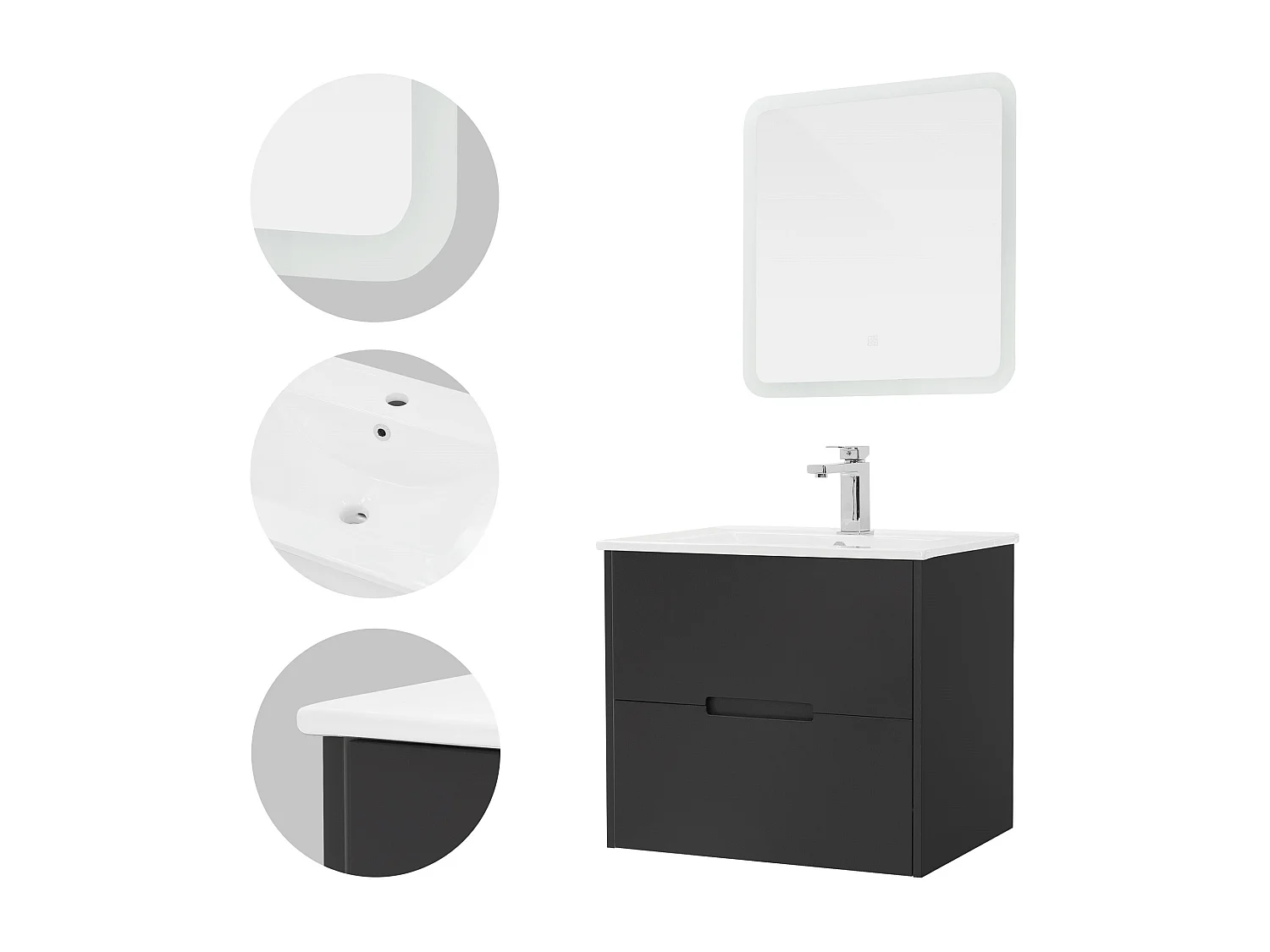 3 Pièces meuble salle de bain miroir LED blanc 60x60cm meuble bas gris et vasque