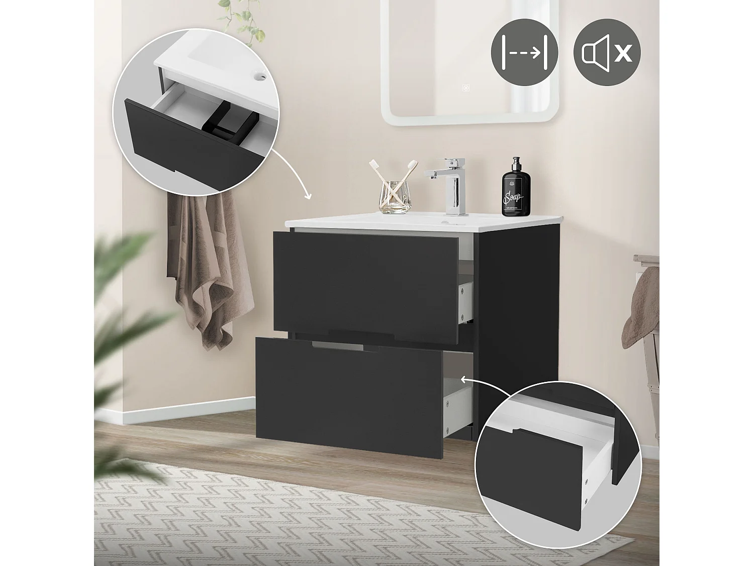 3 Pièces meuble salle de bain miroir LED blanc 60x60cm meuble bas gris et vasque