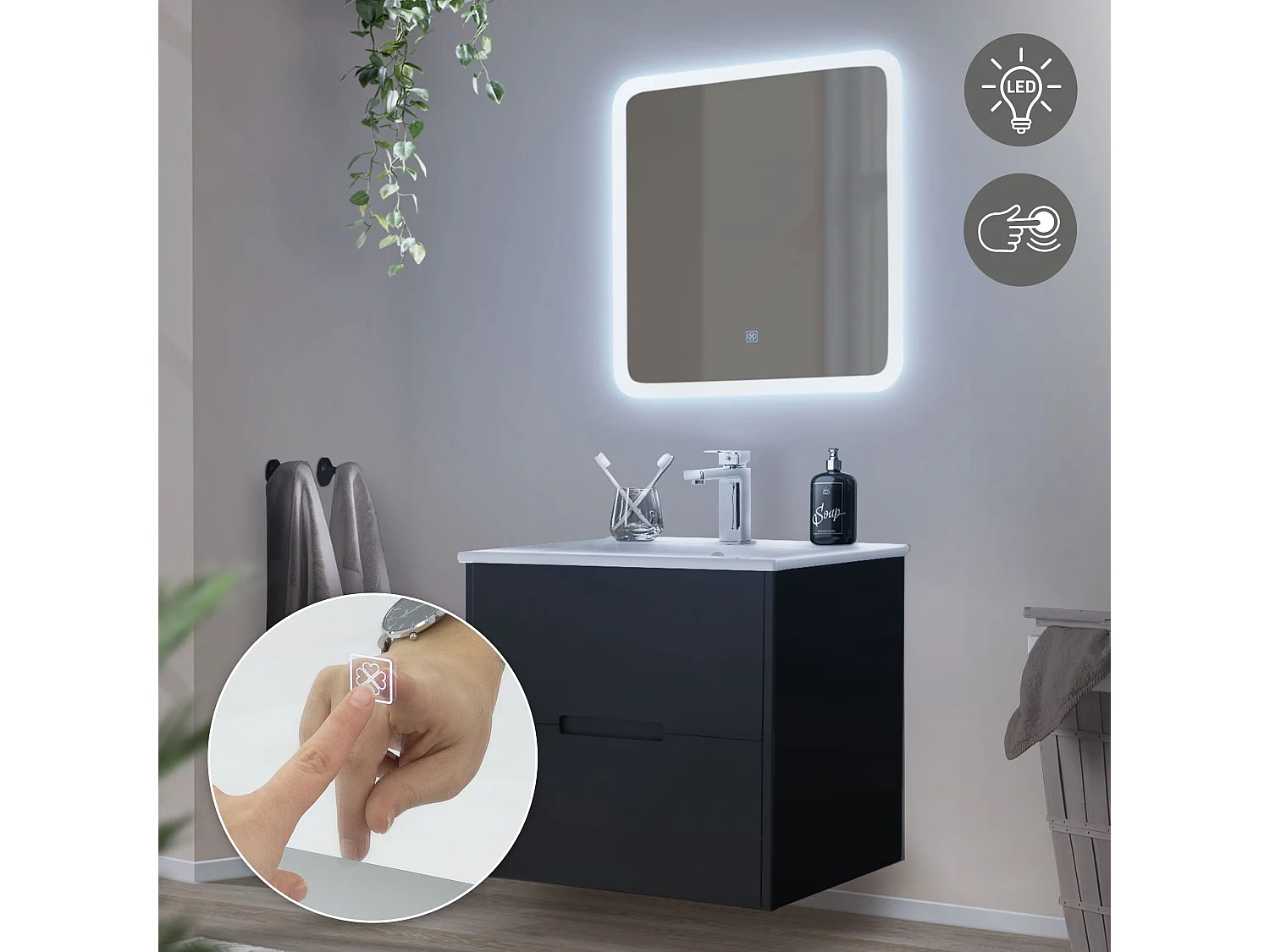 3 Pièces meuble salle de bain miroir LED blanc 60x60cm meuble bas gris et vasque