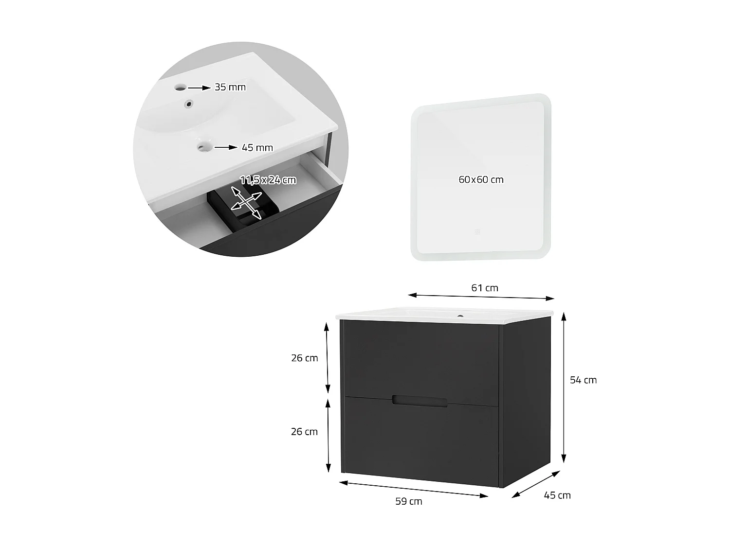3 Pièces meuble salle de bain miroir LED blanc 60x60cm meuble bas gris et vasque