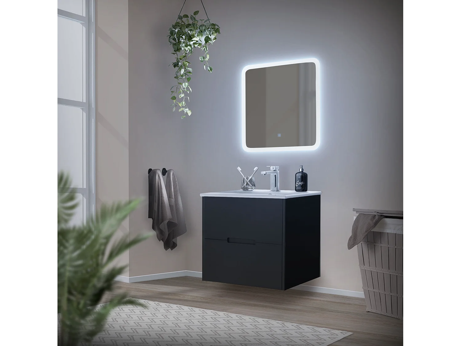 3 Pièces meuble salle de bain miroir LED blanc 60x60cm meuble bas gris et vasque
