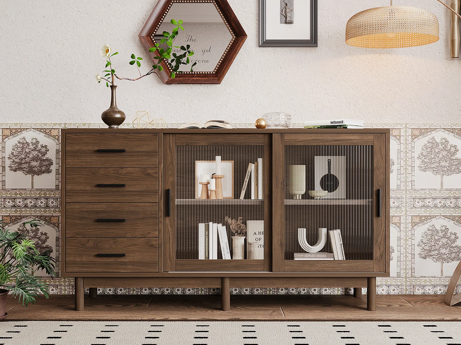 Laag dressoir 4 lades 2 glazen deuren - 140 x 40 x 75,8 cm - Spaanplaat - Bruine kleur