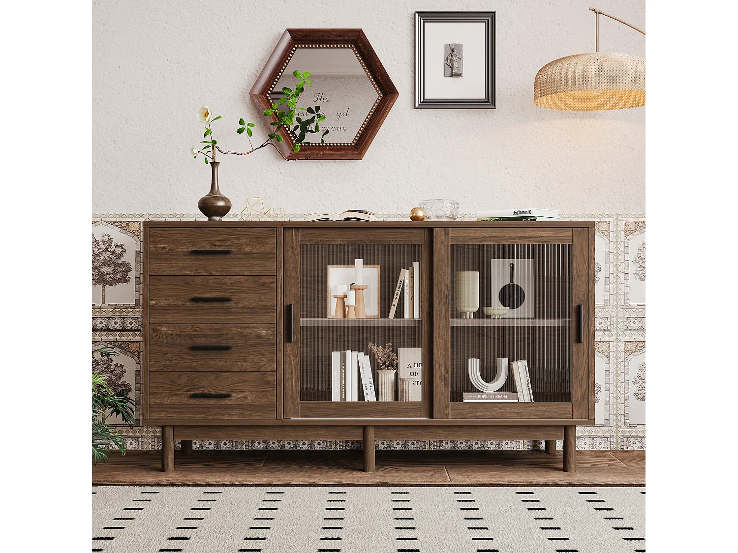 Laag dressoir 4 lades 2 glazen deuren - 140 x 40 x 75,8 cm - Spaanplaat - Bruine kleur