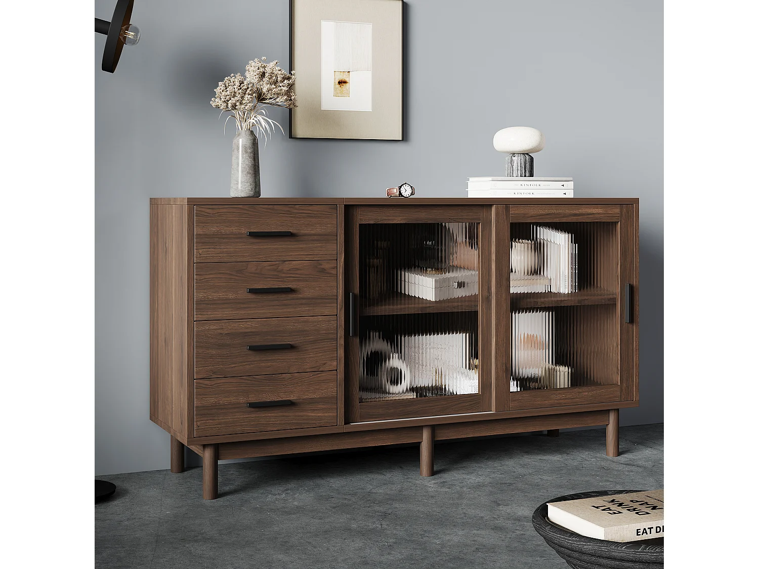 Laag dressoir 4 lades 2 glazen deuren - 140 x 40 x 75,8 cm - Spaanplaat - Bruine kleur