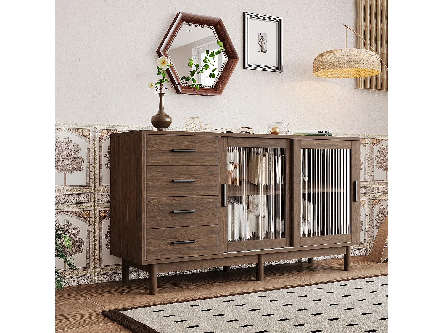 Laag dressoir 4 lades 2 glazen deuren - 140 x 40 x 75,8 cm - Spaanplaat - Bruine kleur