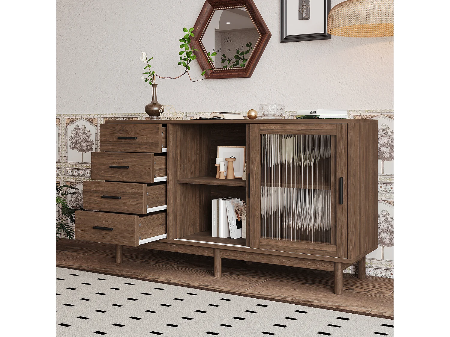 Laag dressoir 4 lades 2 glazen deuren - 140 x 40 x 75,8 cm - Spaanplaat - Bruine kleur