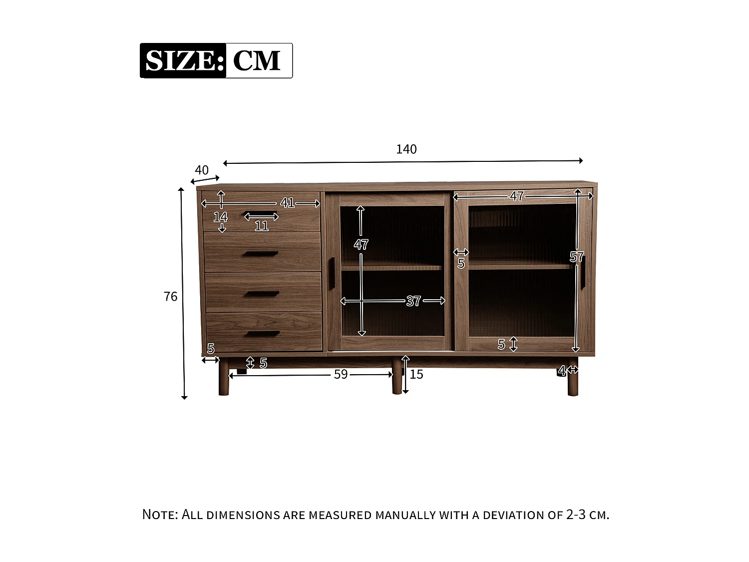 Laag dressoir 4 lades 2 glazen deuren - 140 x 40 x 75,8 cm - Spaanplaat - Bruine kleur