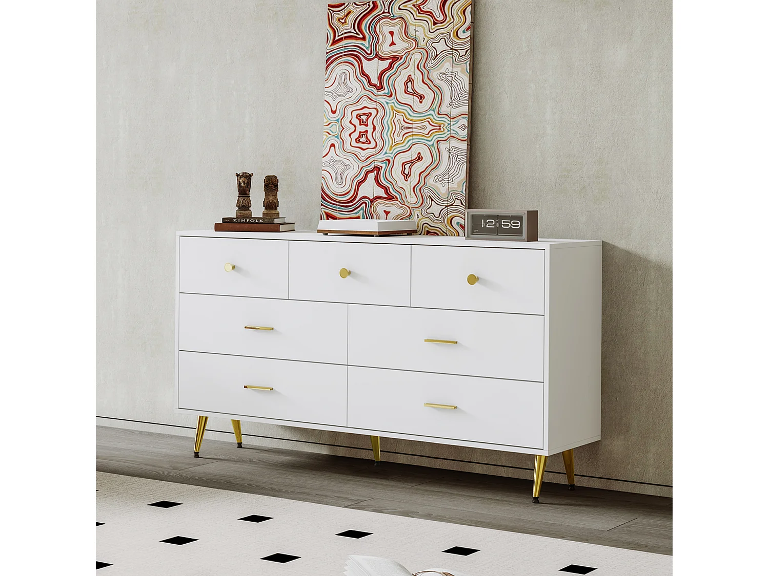 Laag dressoir met 7 lades - 140x35x76cm - Spaanplaat en goud metaal - Wit