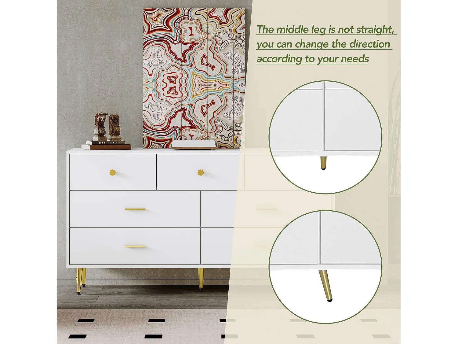 Laag dressoir met 7 lades - 140x35x76cm - Spaanplaat en goud metaal - Wit