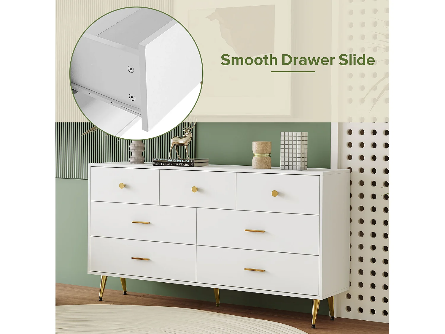 Laag dressoir met 7 lades - 140x35x76cm - Spaanplaat en goud metaal - Wit