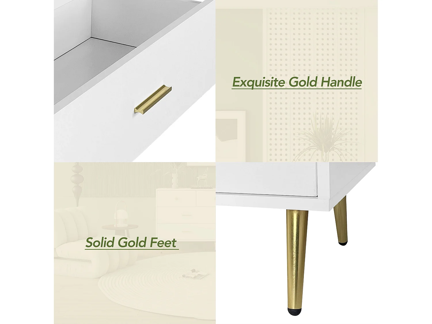 Laag dressoir met 7 lades - 140x35x76cm - Spaanplaat en goud metaal - Wit