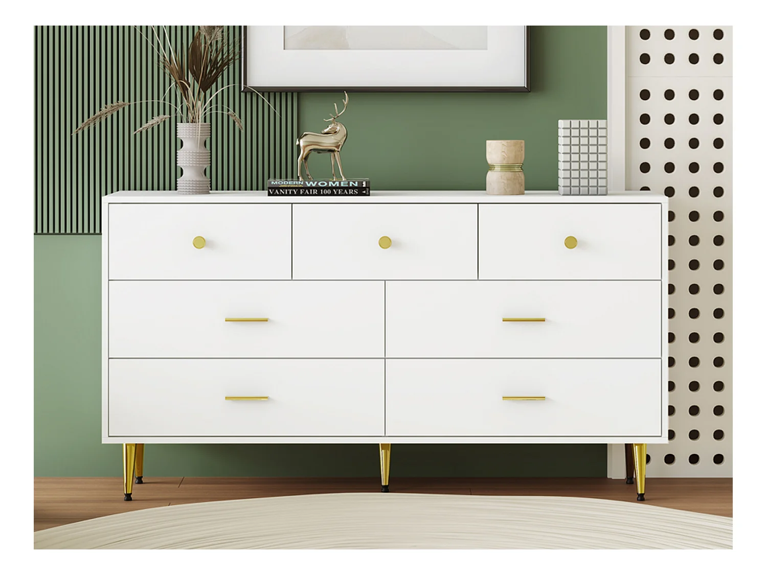 Buffet bas 7 tiroirs - 140x35x76cm - Panneaux de particules et métal doré - Blanc