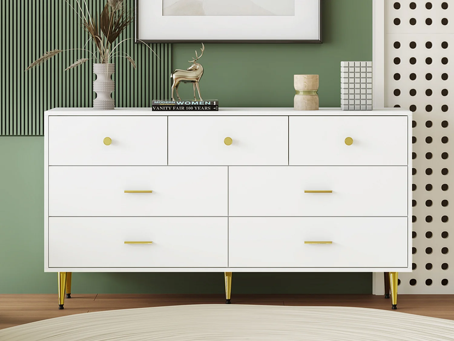 Buffet bas 7 tiroirs - 140x35x76cm - Panneaux de particules et métal doré - Blanc