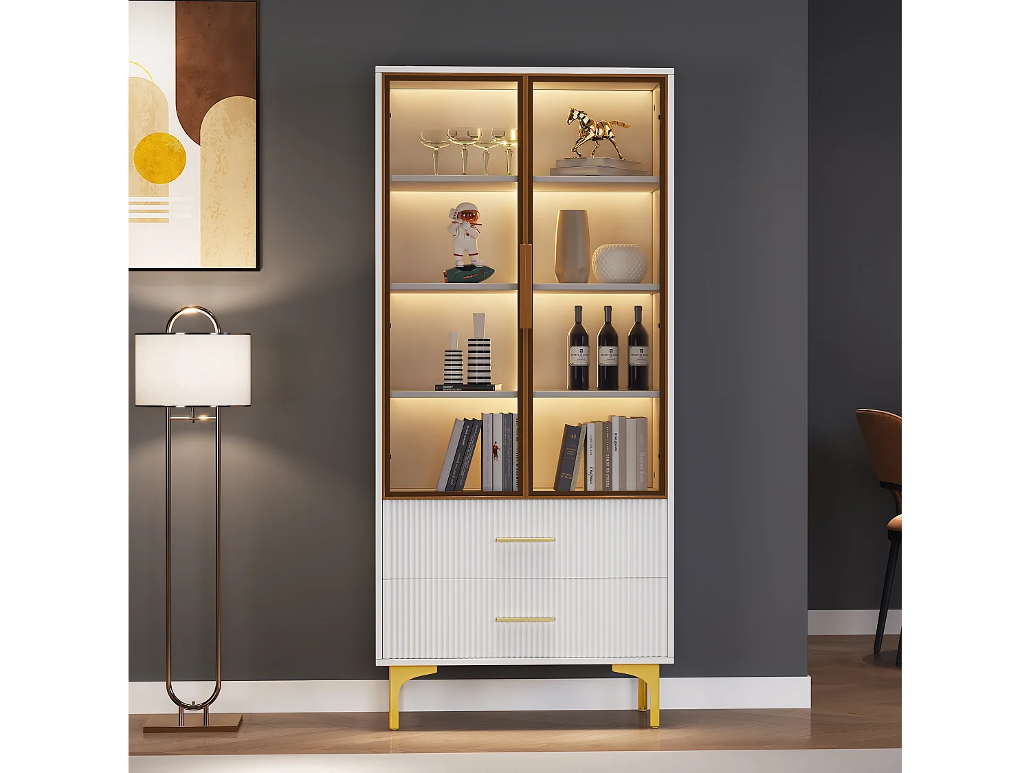 Gecombineerde vitrines 2 lades 4 glazen deuren - LED's - verstelbare planken - Spaanplaat en goudkleurig metaal - Wit