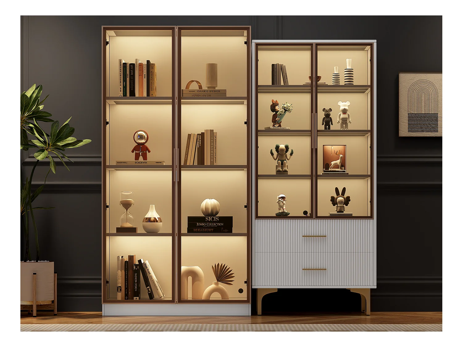 Vitrines combinés 2 tiroirs 4 portes en verre - LEDs - étagères réglables - Panneaux de particules et métal doré - Blanc