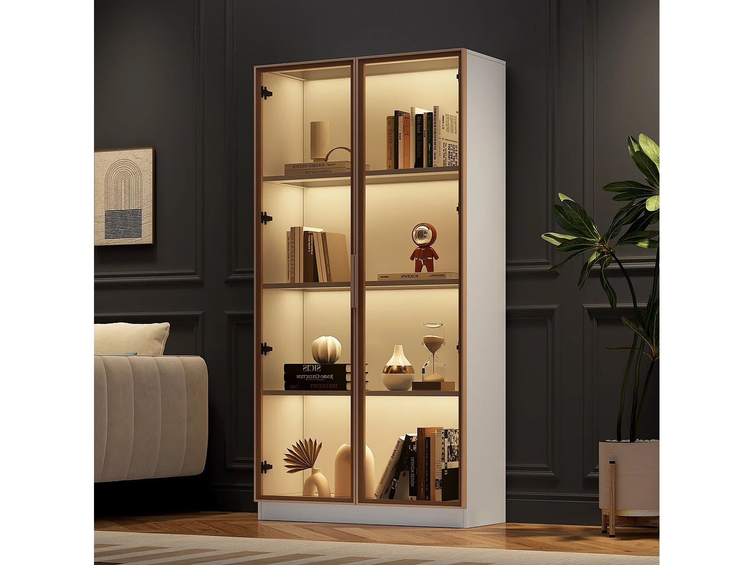 Vitrines combinés 2 tiroirs 4 portes en verre - LEDs - étagères réglables - Panneaux de particules et métal doré - Blanc