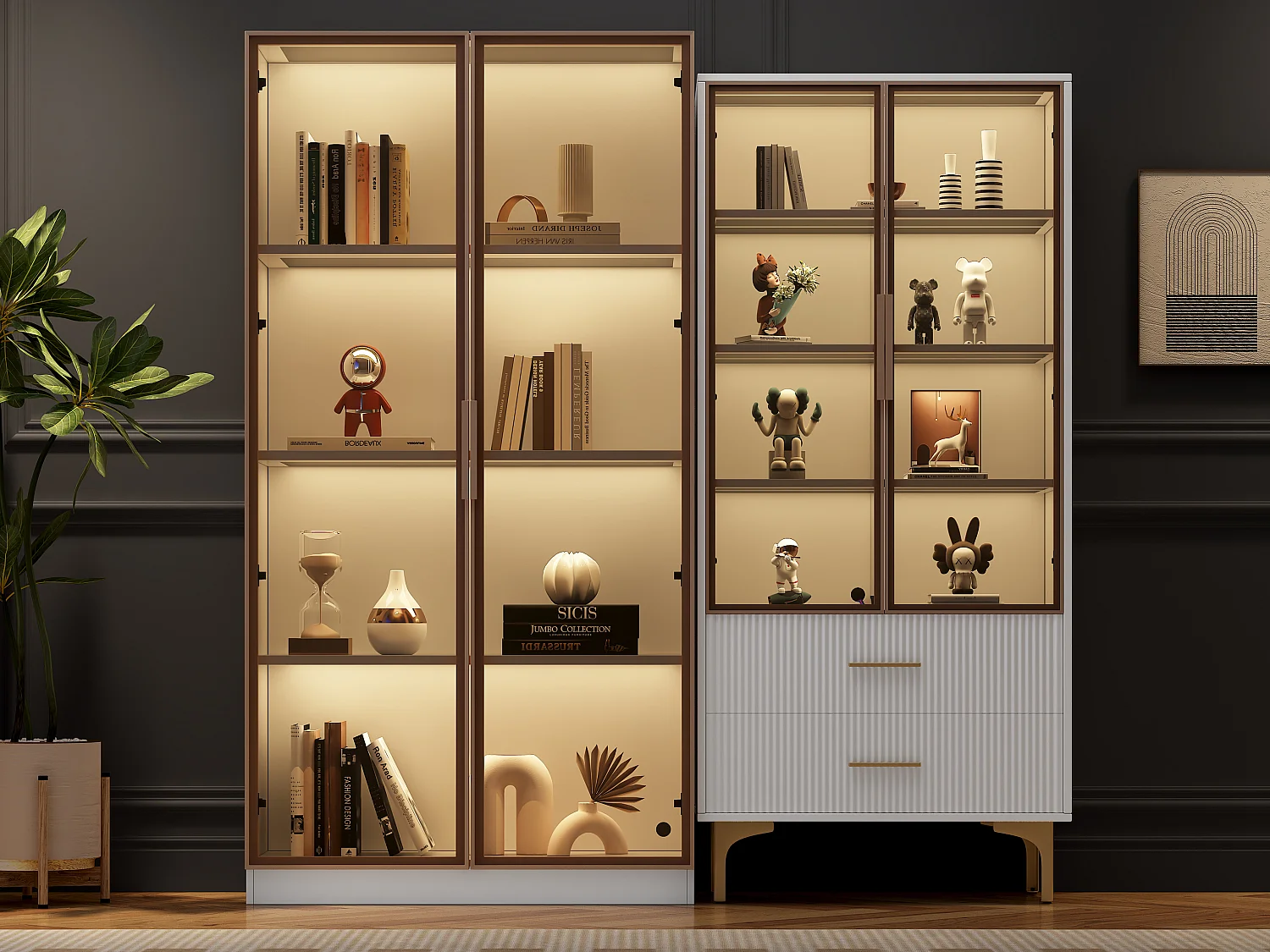 Vitrines combinés 2 tiroirs 4 portes en verre - LEDs - étagères réglables - Panneaux de particules et métal doré - Blanc