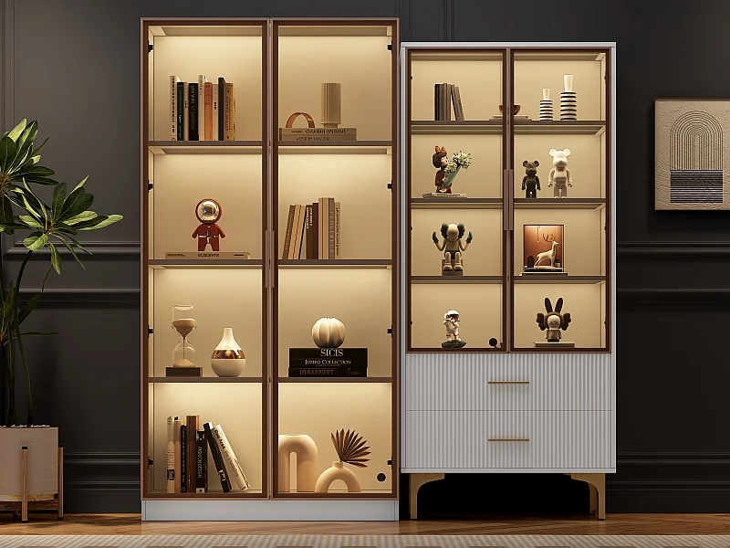 Witryny łączone z 2 szufladami i 4 szklanymi drzwiami - diody LED - regulowane półki - płyta wiórowa i metal w kolorze złotym - kolor biały