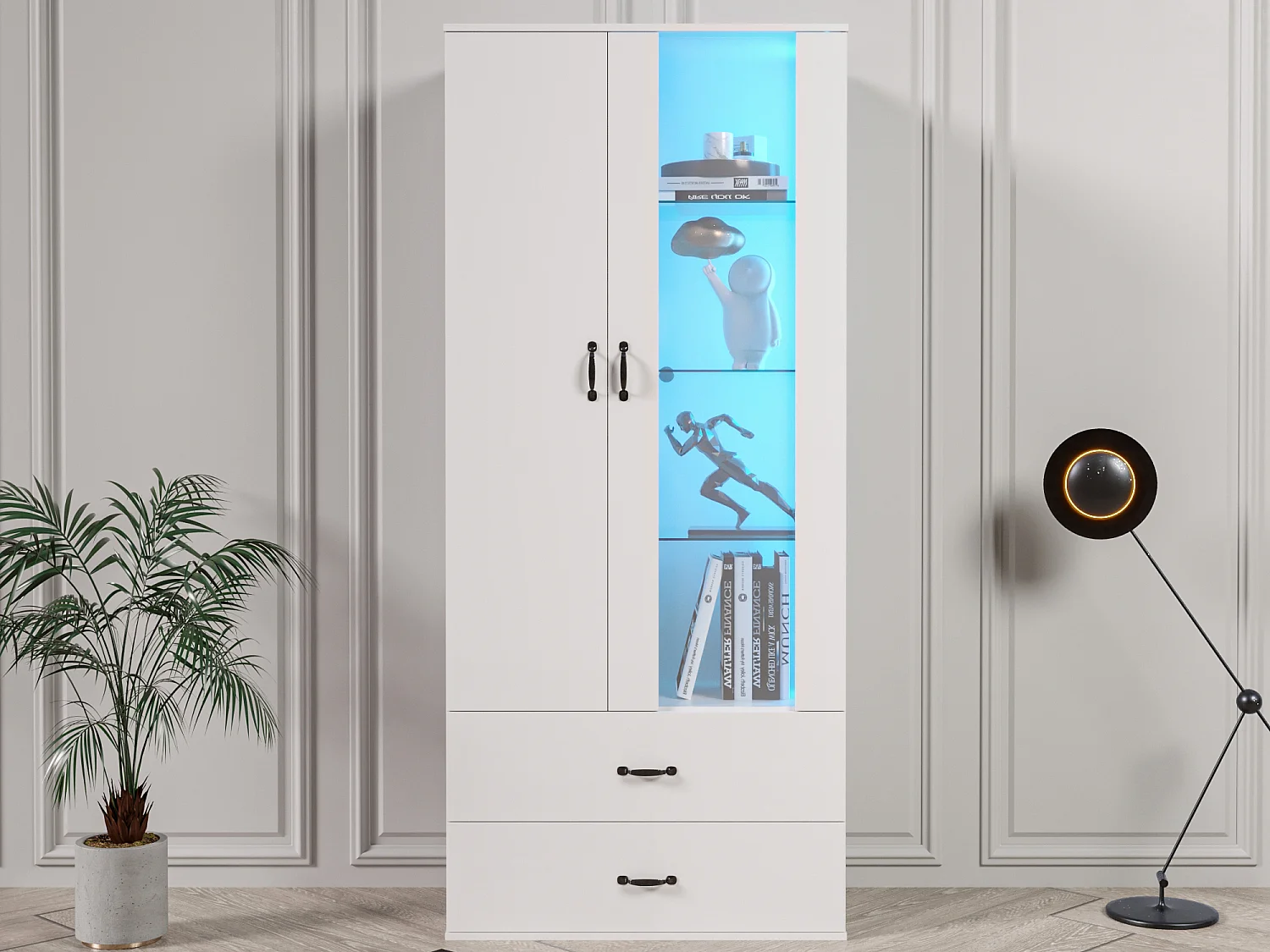 Vitrine 2 gavetas 2 portas de vidro - LEDs - Painéis de partículas - Branco