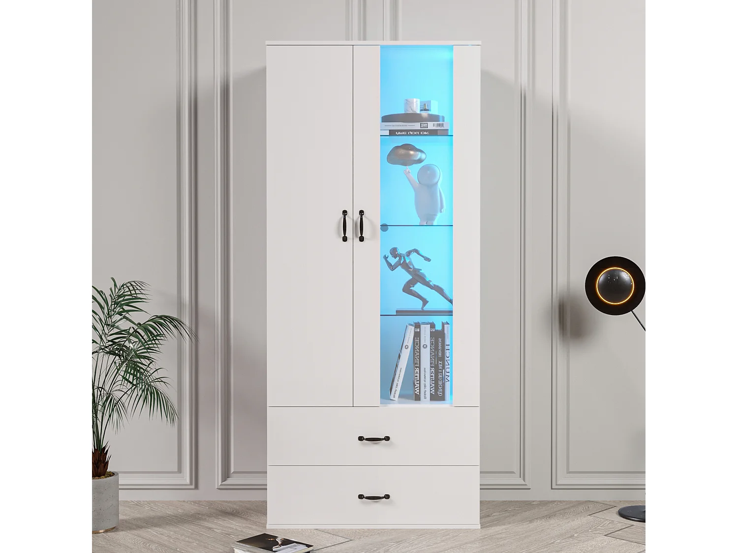 Vitrine 2 gavetas 2 portas de vidro - LEDs - Painéis de partículas - Branco