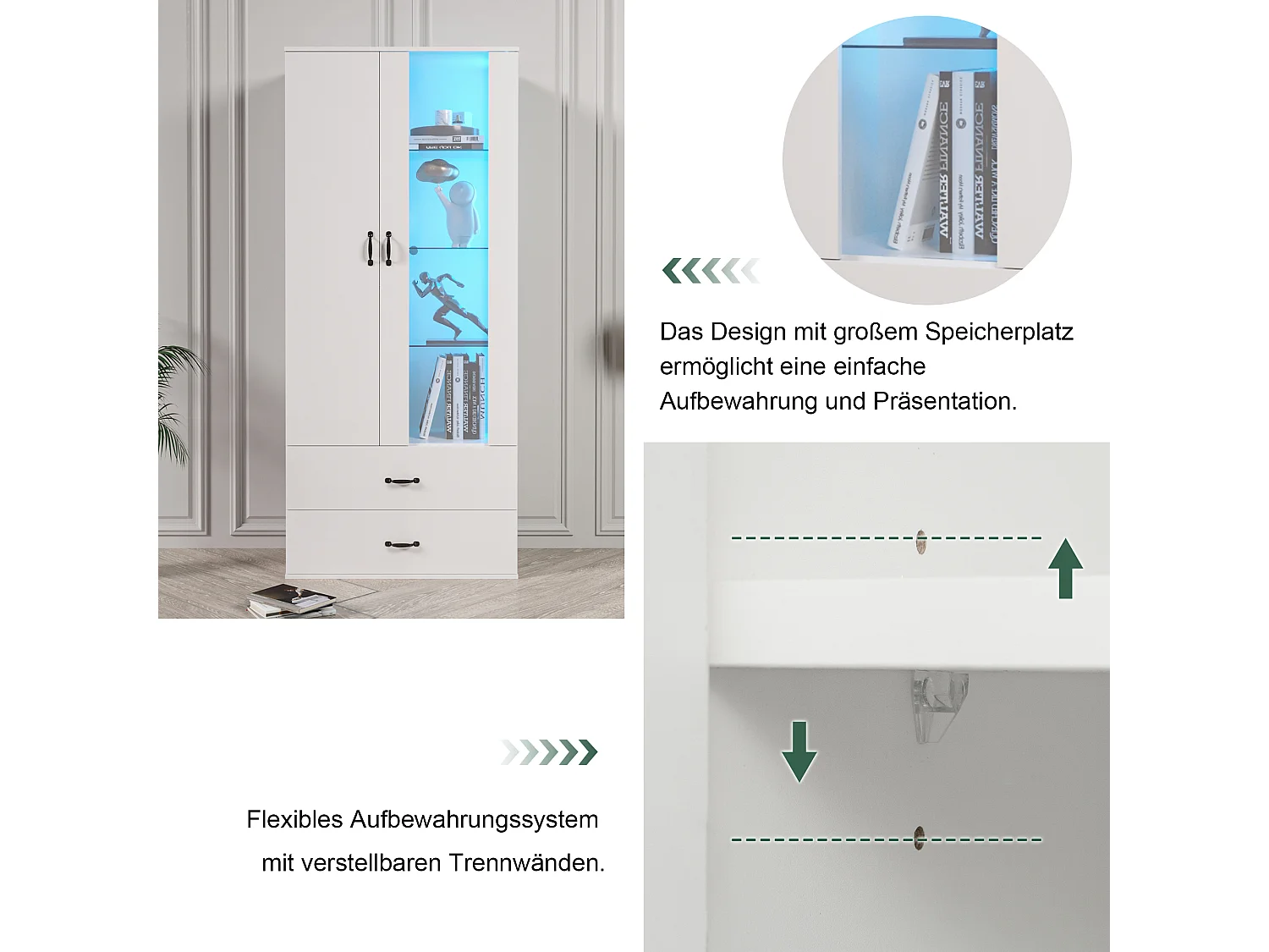 Vitrine 2 gavetas 2 portas de vidro - LEDs - Painéis de partículas - Branco