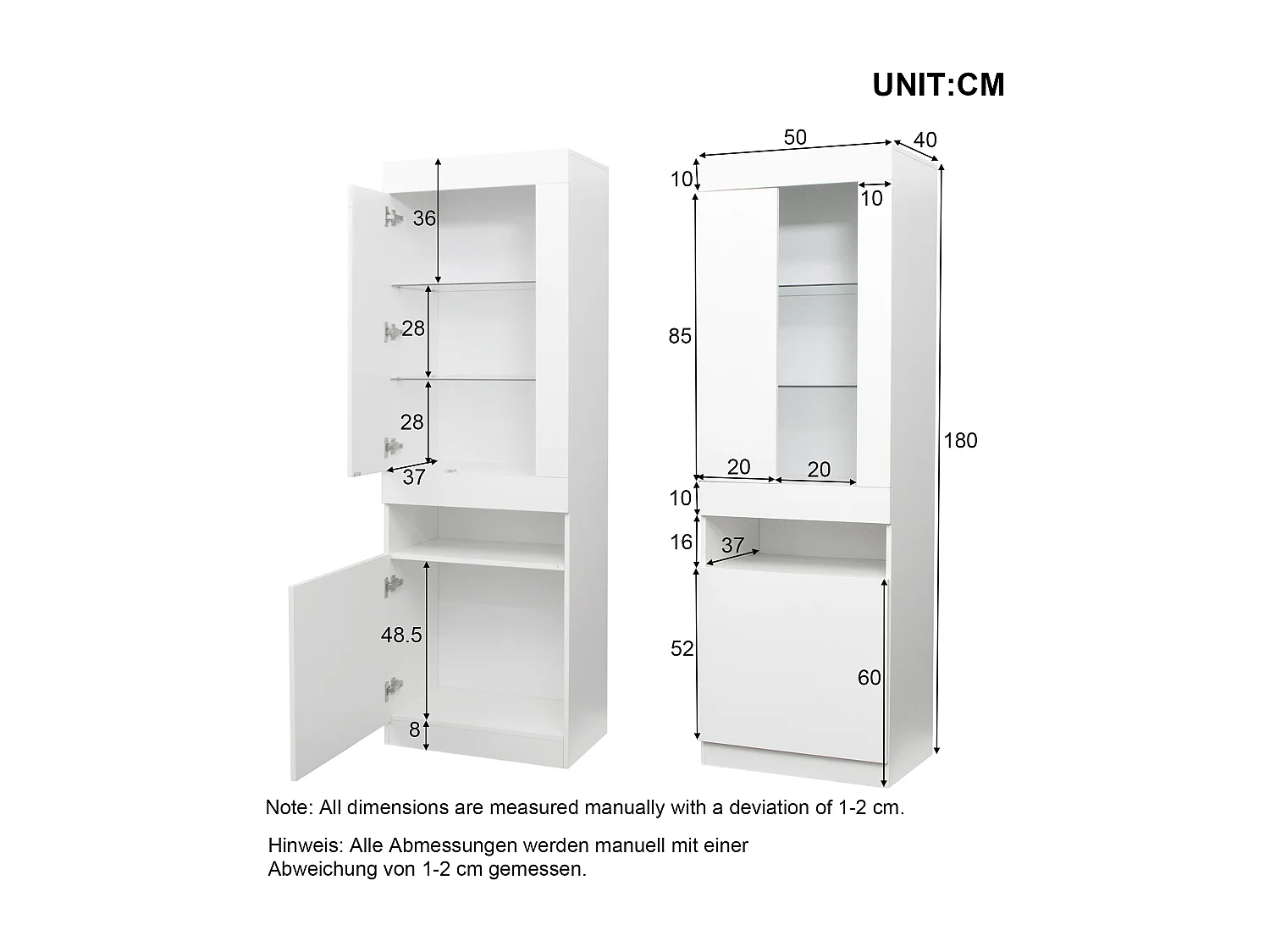 Vitrine 2 portas 1 nicho - LEDs - Painéis de partículas - H 180 cm - Branco