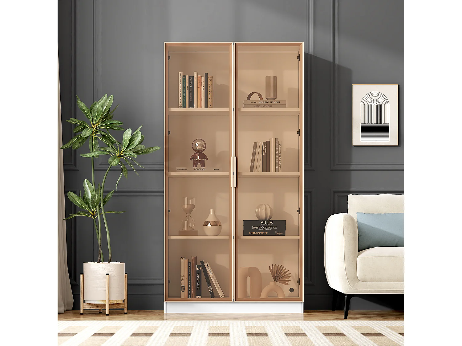 Vitrina 2 puertas de cristal, aparador alto - LED - 80 x 40 x 160 cm - Tablero de partículas - Blanco