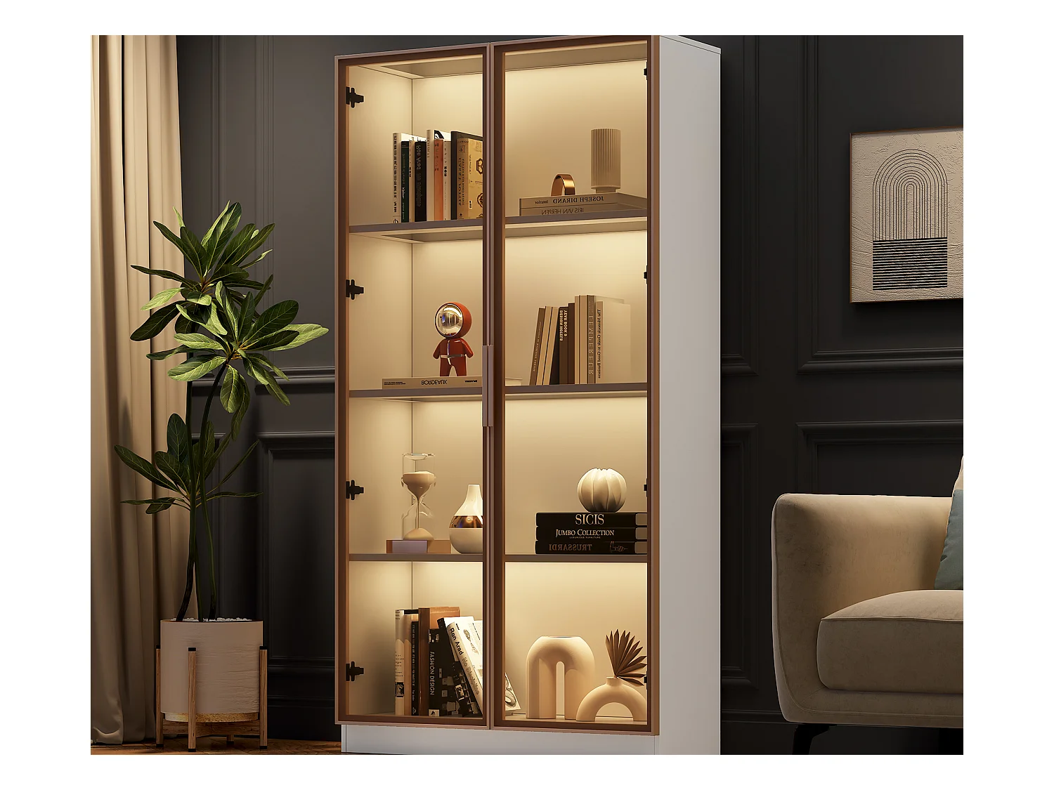 Vitrine mit 2 Glastüren, hohes Sideboard – LEDs – 80 x 40 x 160 cm – Spanplatte – Weiß