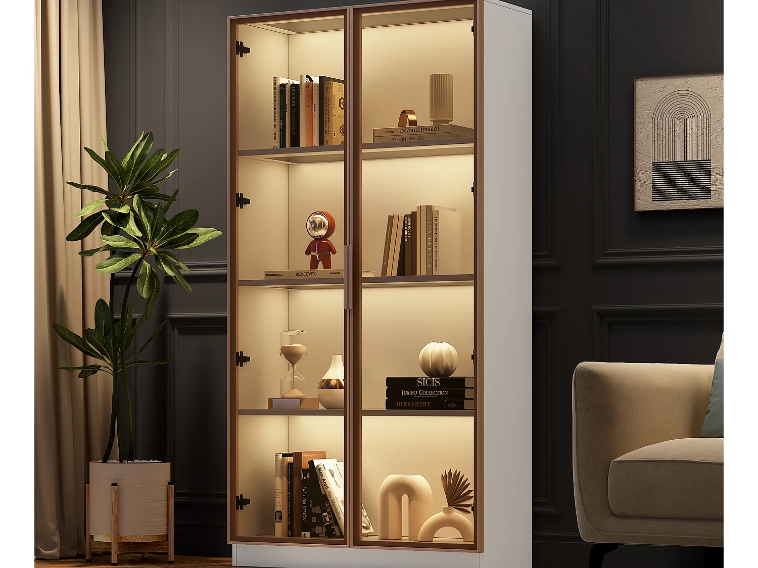 Vetrina 2 ante a vetro, credenza alta - LED - 80 x 40 x 160 cm - Truciolare - Bianco