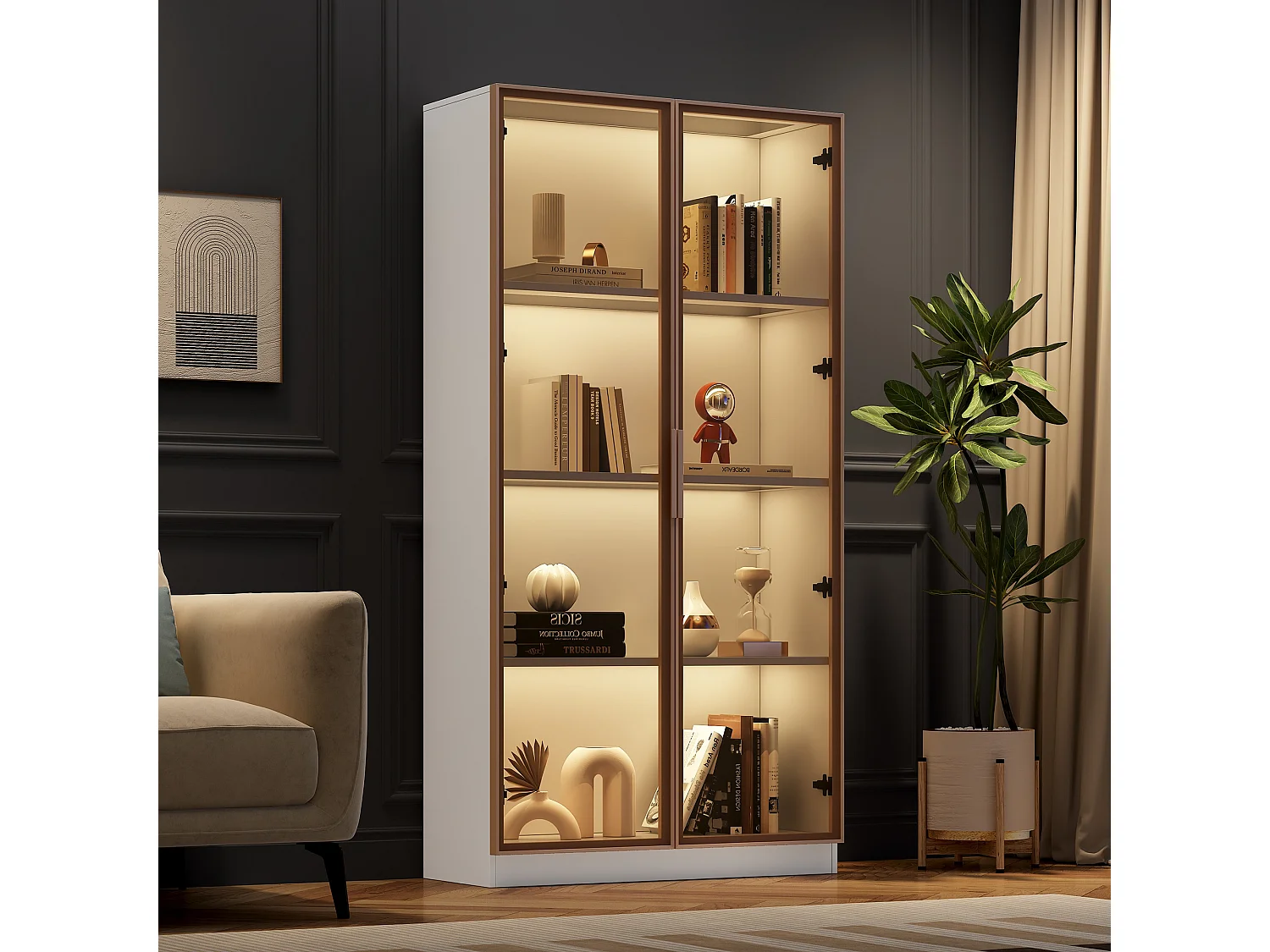 Vetrina 2 ante a vetro, credenza alta - LED - 80 x 40 x 160 cm - Truciolare - Bianco