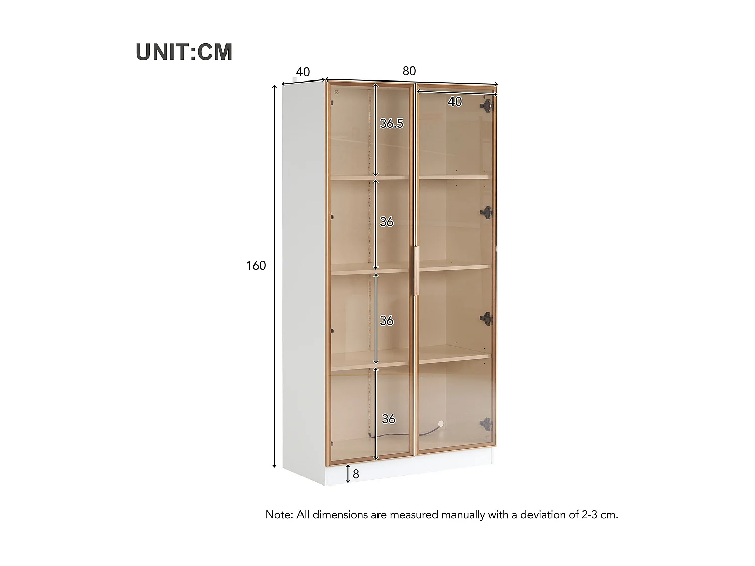 Vetrina 2 ante a vetro, credenza alta - LED - 80 x 40 x 160 cm - Truciolare - Bianco