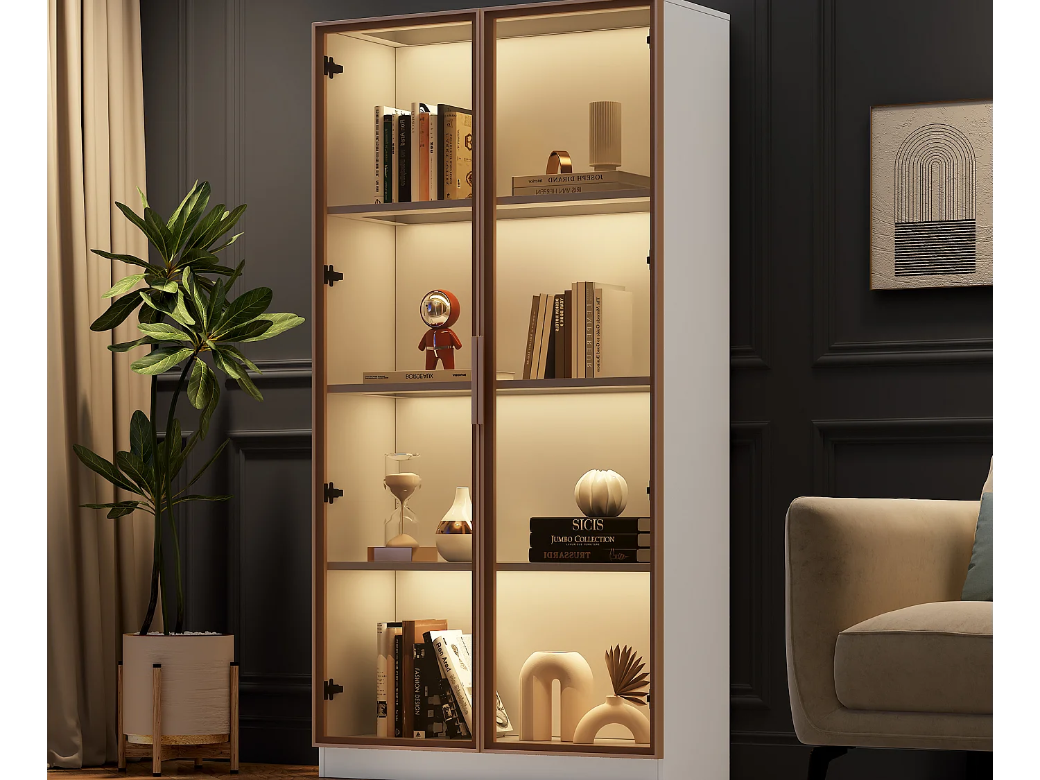 Vitrine 2 portes en verre, buffet haut - LEDs - 80 x 40 x 160 cm - Panneaux de particules - Blanc