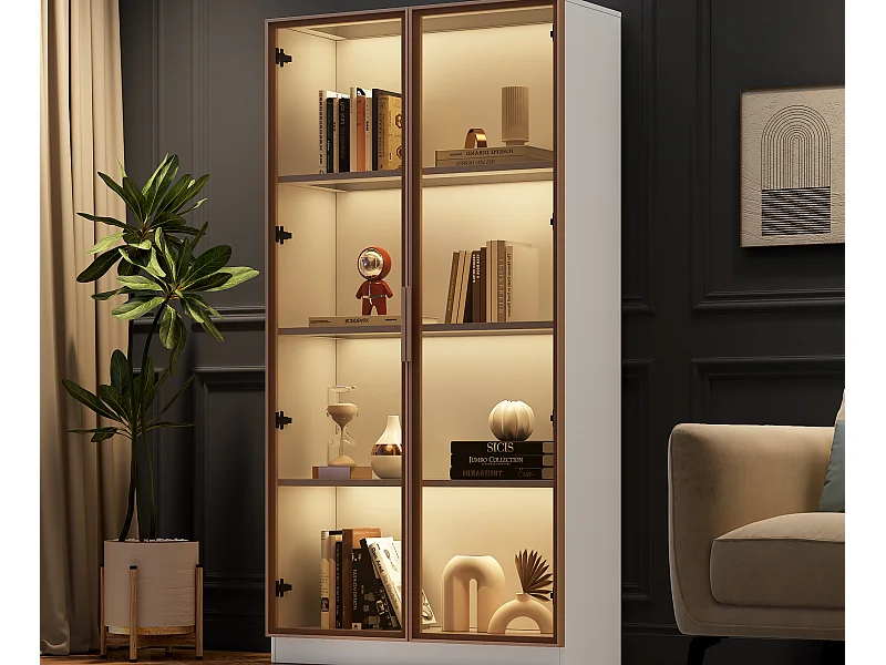 Vitrine 2 portes en verre, buffet haut - LEDs - 80 x 40 x 160 cm - Panneaux de particules - Blanc