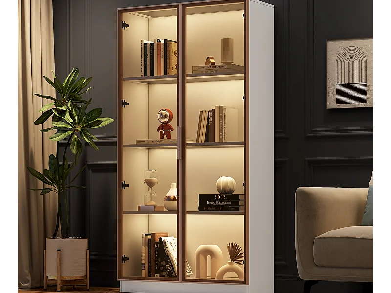 Vitrine 2 portes en verre, buffet haut - LEDs - 80 x 40 x 160 cm - Panneaux de particules - Blanc