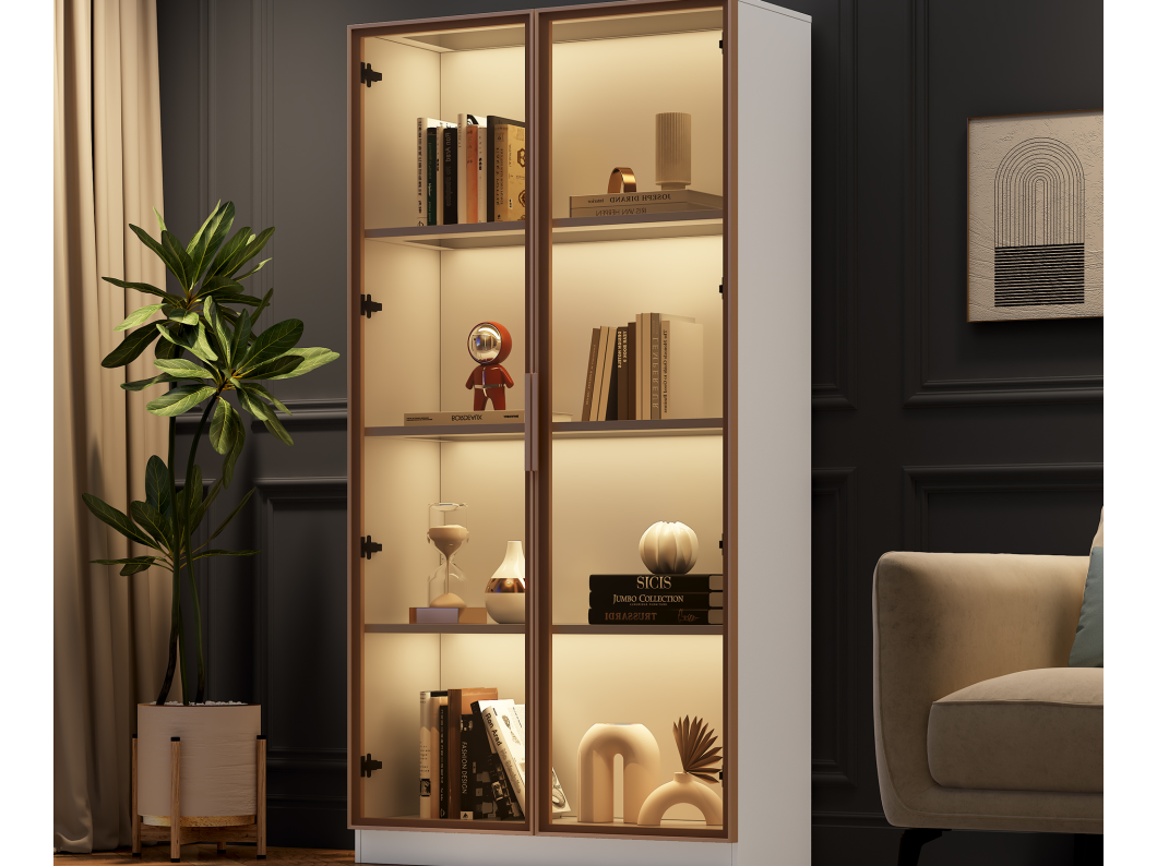 Vitrine met 2 glazen deuren, hoog dressoir - LED's - 80 x 40 x 160 cm - spaanplaat - Wit