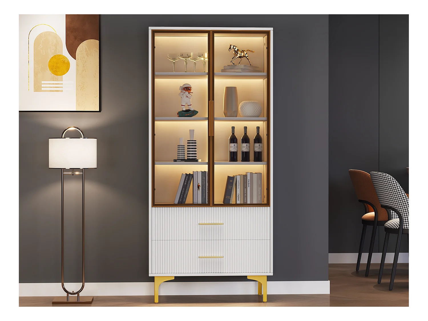 Vitrine 2 portes en verre - LEDs - 70 x 35 x 150cm - Panneaux de particules - Blanc