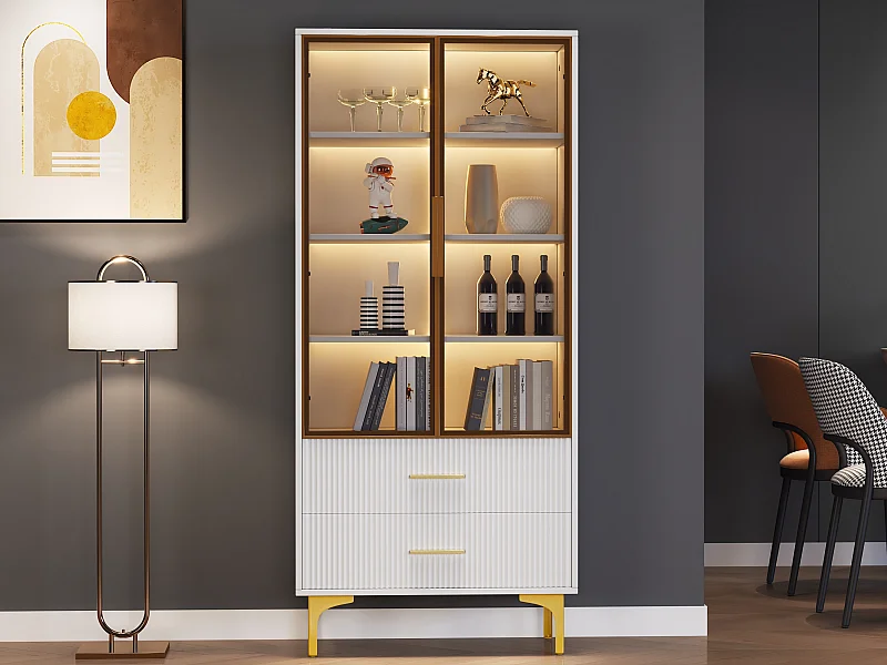 Vitrine 2 portes en verre - LEDs - 70 x 35 x 150cm - Panneaux de particules - Blanc