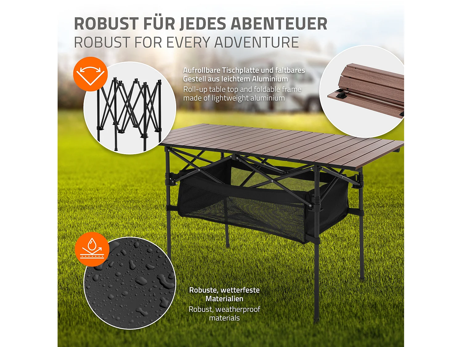 Mesa plegable de camping 118x55x64,5 cm de aluminio marrón mueble multifuncional