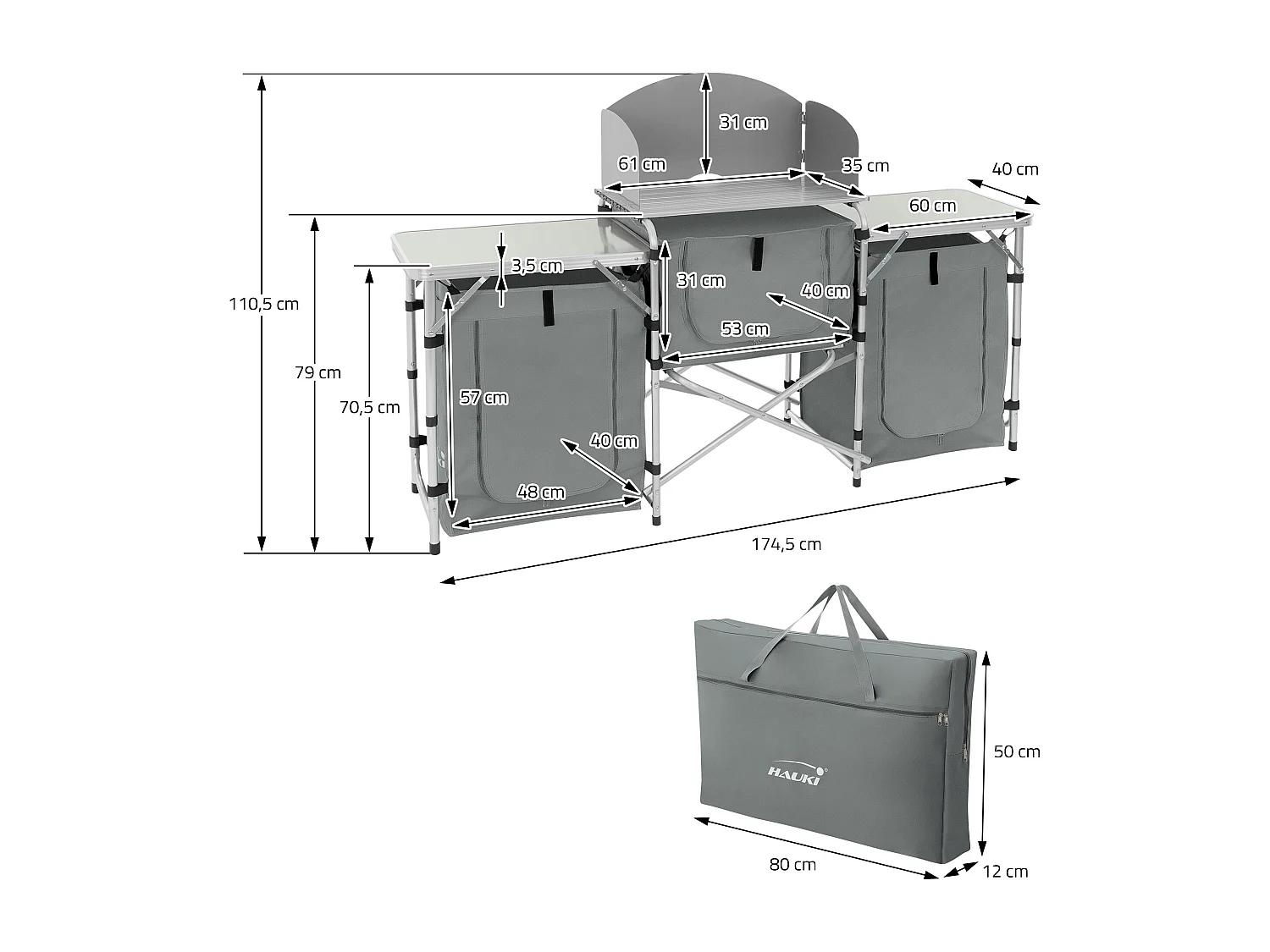 Cuisine de camping mobilier pliable gris armoire sac transport/étagères à ranger