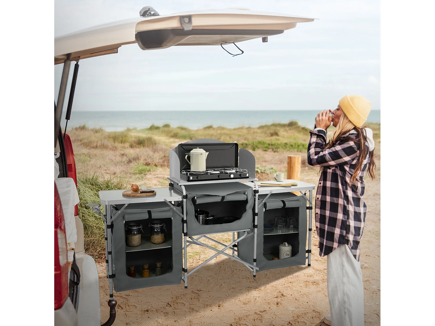 Cuisine de camping mobilier pliable gris armoire sac transport/étagères à ranger