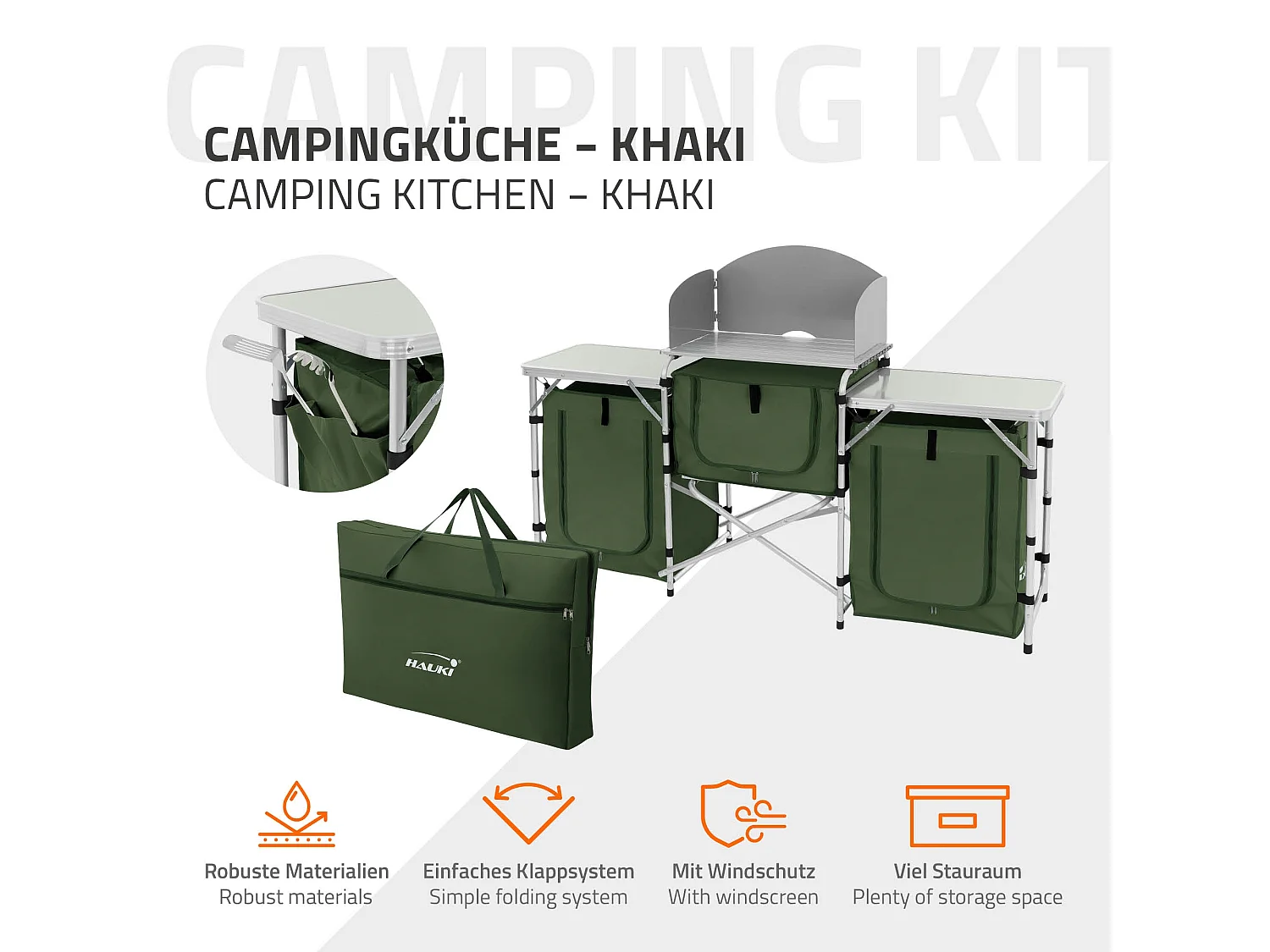 Cucina da campeggio 3 piani pieghevole in alluminio con borsa trasporto kaki