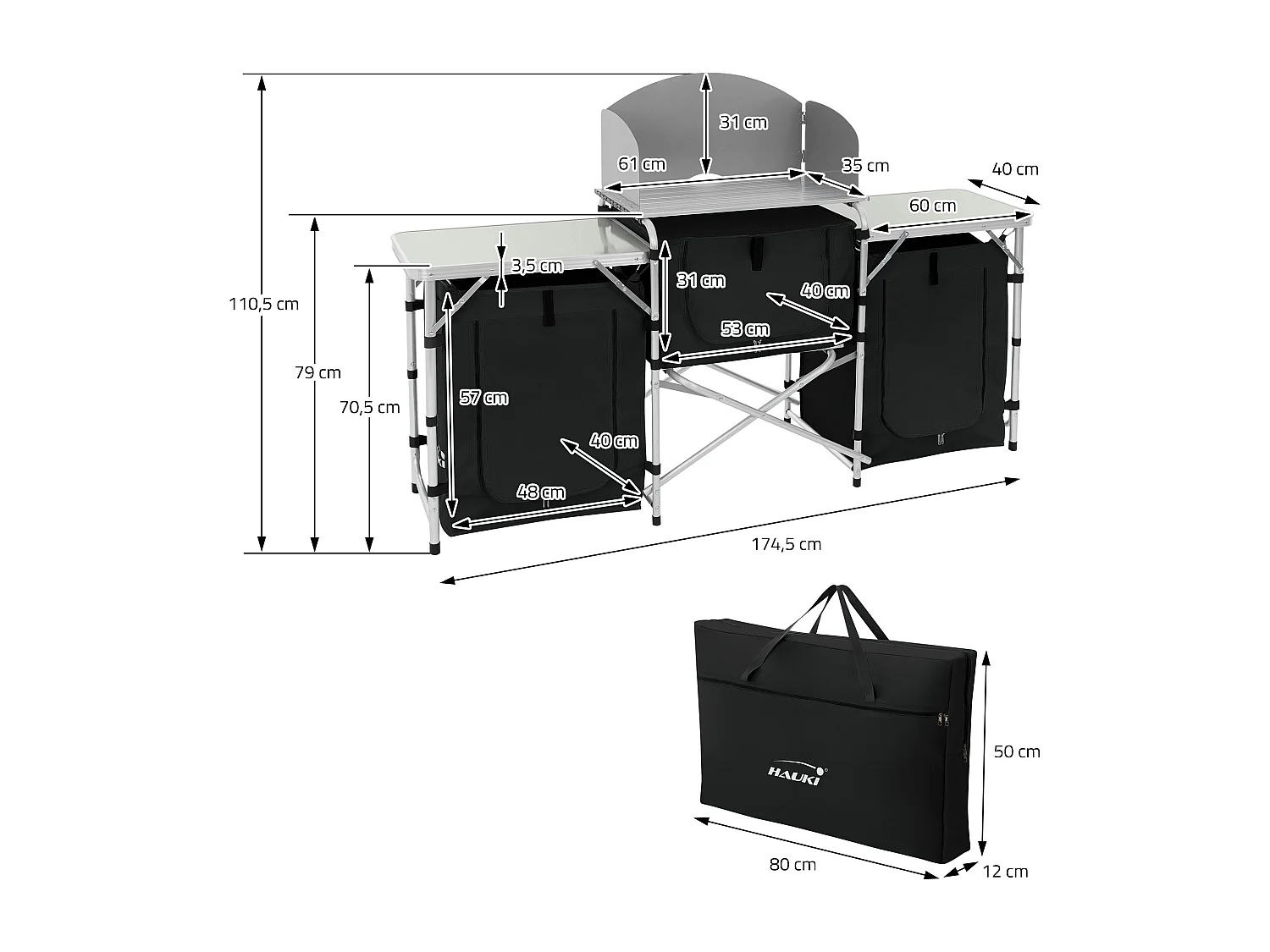 Cucina da campeggio con 3 piani pieghevole in alluminio con borsa trasporto nero