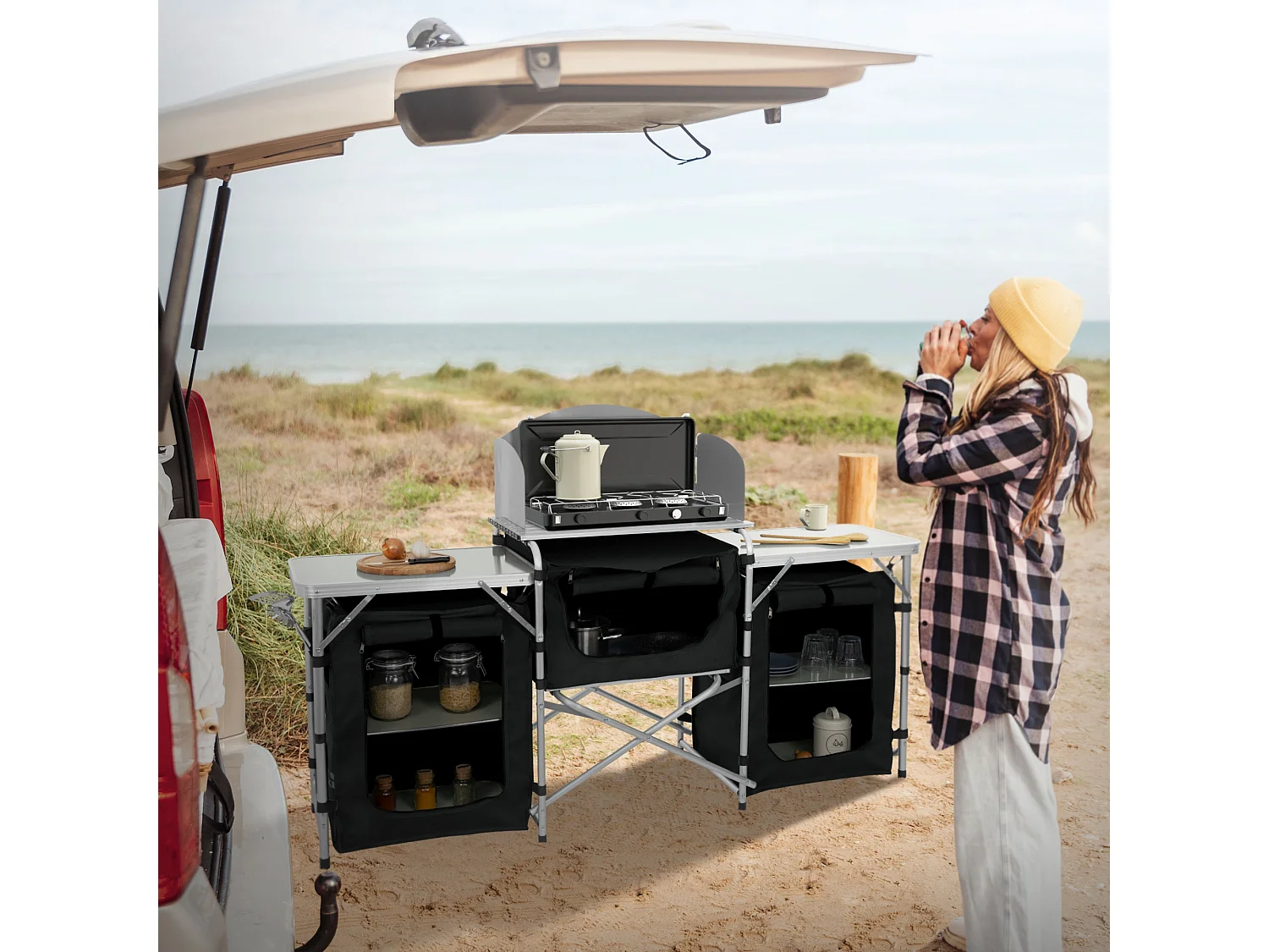 Cuisine de camping mobilier pliable noir armoire sac transport/étagères à ranger