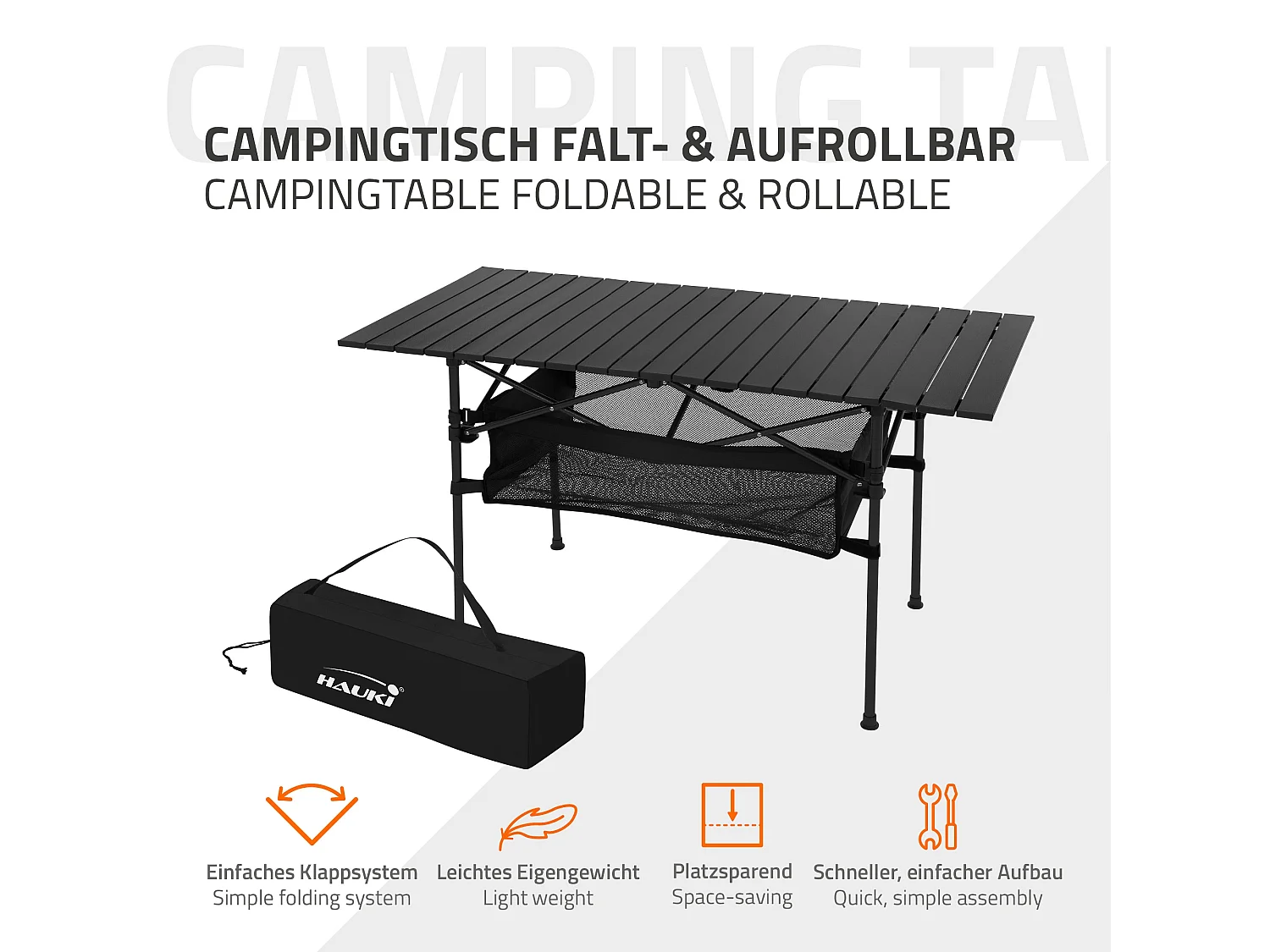 Table de camping pliante noire en aluminium 118x55x64,5 cm avec sac de transport