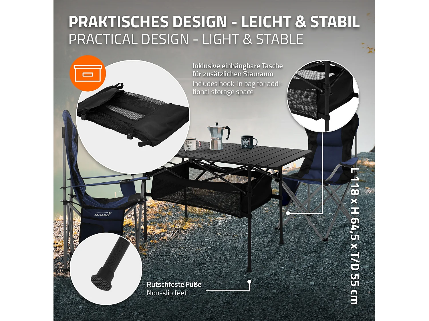 Table de camping pliante noire en aluminium 118x55x64,5 cm avec sac de transport