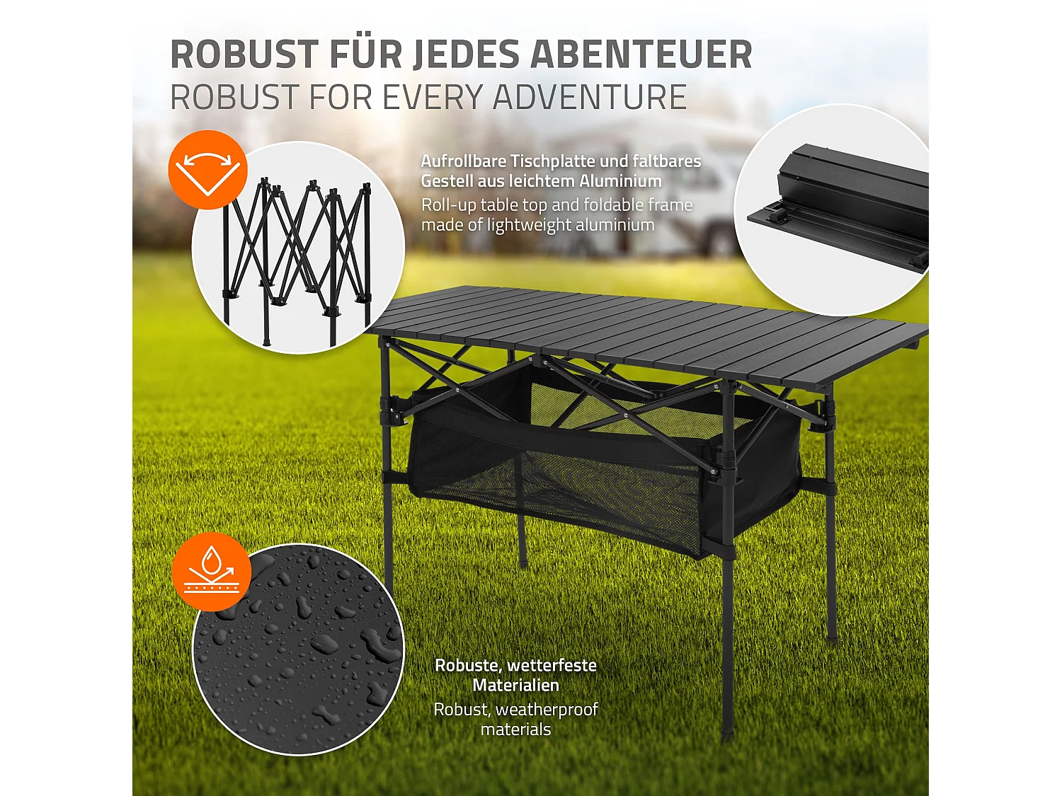 Table de camping pliante noire en aluminium 118x55x64,5 cm avec sac de transport